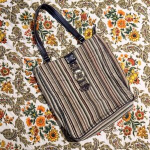 Vintage Striped corduroy Tote Bag Boho Sunburst Medallion Tassel Brown Multi